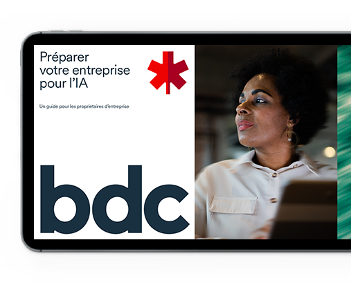 tablette sur laquelle est affichée la page couverture du guide BDC sur l'intelligence artificielle