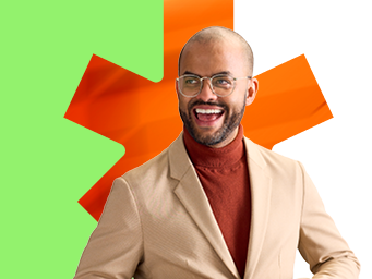Employé de BDC dans une pose dynamique sur fond vert et feuille orange